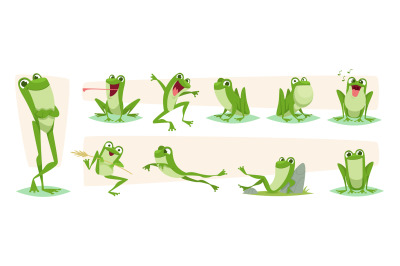 Cartoon frog. Lizards and frog funny action poses exact vector charact