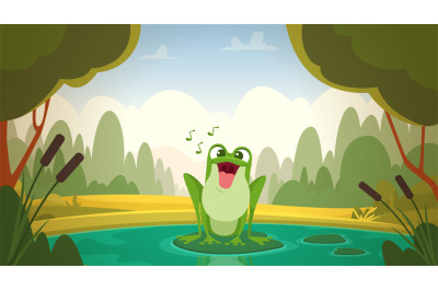 Jumping frog. Cartoon background with cute animals frogs exact vector