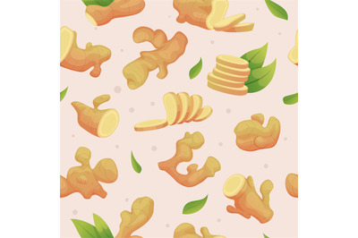 Ginger pattern. Healthy product sliced ginger cartoon illustrations ex