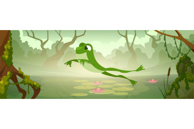 Cartoon frog background. Wild animal in lake exact vector frog jumping
