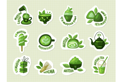 Matcha. Stickers with natural asian detox food recent vector green mat