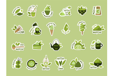 Matcha food. Sticky badges with pictures of asian matcha product bever