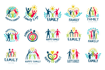 Family symbols. Colorful graphic set of different family logotype rece