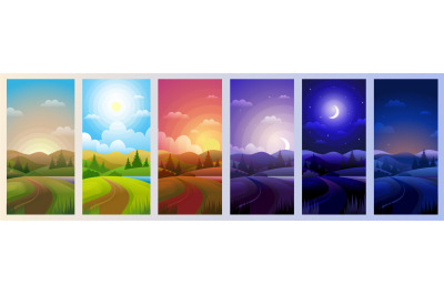 Day parts. Landscape in night morning noon sunset background recent ve