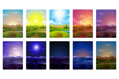 Day parts. Background of noon morning day and night recent vector cart