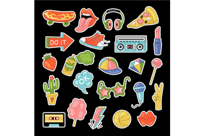 Retro stickers. Teenage colored sticky patches comic pictures for pack
