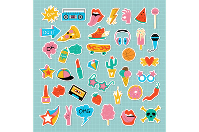Teenage stickers. Colored fashion retro labels doodle set recent vecto