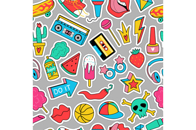 Stickers pattern. Sticky retro labels fashioned teenage items recent v