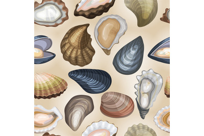 Marine food pattern. Shells collection exotic products recent vector s