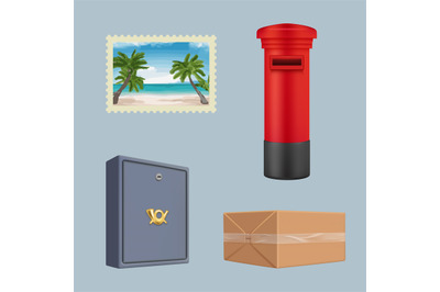 Post office tools. Envelopes boxes wax stamp post packages decent vect