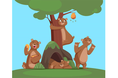 Bear group. Funny cartoon bear in woods eating playing sleeping. Vecto