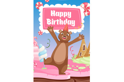 Birthday placard. funny poster with happy bear in delicious yummy back