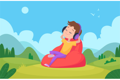 Boy listen music. relax time outdoor on cozy sitting place. Vector pic