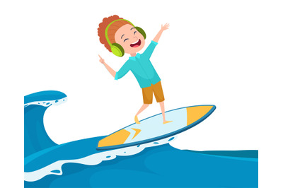 Boy surfer. Happy kid in headset standing on surfboard and riding on o