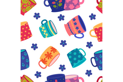 Cups pattern. Decorated beautiful funny colored cups collection. Vecto