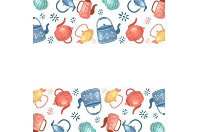 Decorated kettles. Background with colored utensils. Vector template w