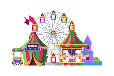 Entertainment park. activity for happy kids carousel. Vector cartoon b