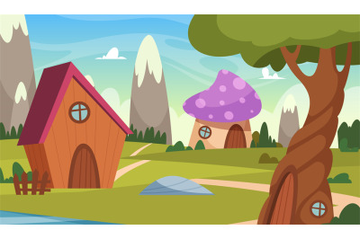 Fairytale background. outdoor fantasy landscape with cartoon houses fo