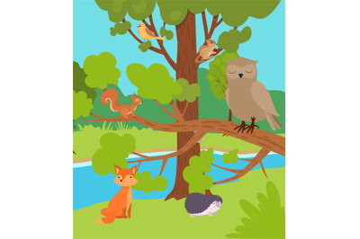 Forest animals. outdoor forest landscape trees and bushes animals fox