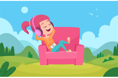 Girl listen music. happy female characters outdoor listen with headset