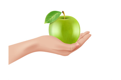Hand holding apple. green healthy apple in woman hand. Vector realisti