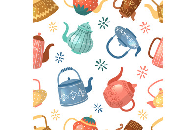 Kettle pattern. decorative seamless background with colored kettles co