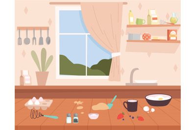 Kitchen interior. Cozy room with kitchen tools. Vector illustration ba