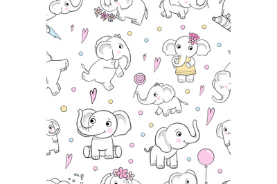 Little elephants pattern. cute wild animals in different poses elephan