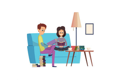 Reading lovers. people sitting on sofa with books happy readers. Vecto