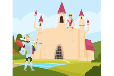 Rescue princess. knight in armor standing near big castle. Vector fair