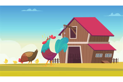 Rooster on farm. chicken walking on farm. Vector horizontal rural land