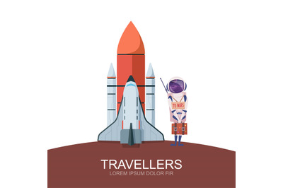Space travel. astronaut with luggage standing near space shuttle. Vect