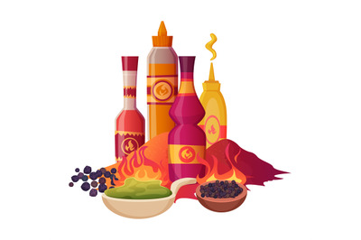 Spicy spices. cartoon hot pepper and spices Vector concept picture