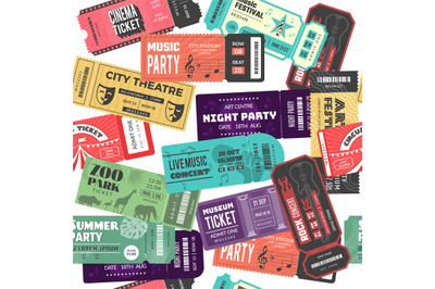 Tickets seamless pattern. Cinema music party festival theatre zoo conc