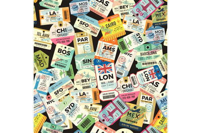 Travel tags pattern. seamless background with luggage sticky labels. v