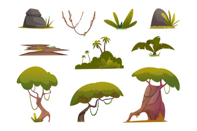 Jungle. Tropical trees bushes palm exact vector cartoon creation kit i