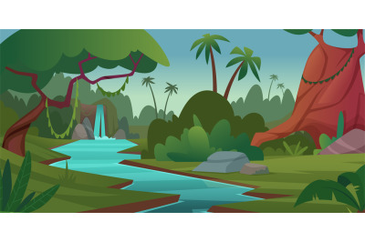 Tropical background. Jungle landscape cartoon trees bushes exact vecto
