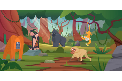 Jungle animals. Wild animals jumping on trees in jungle exact vector c