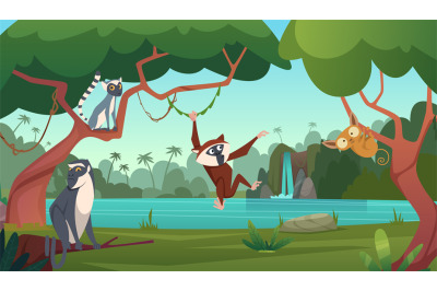 Jungle monkey. Cartoon colored background with wild animals exact vect