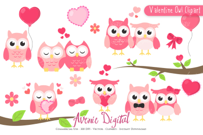 Valentine's Day Owl Clipart Vectors