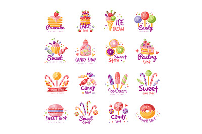 Sweets logo. Bakery and ice cream symbols badges with place for text r