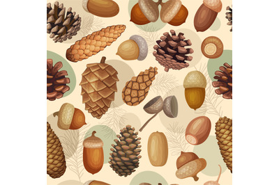 Fir cones pattern. Forest acorns collections recent vector seamless ba
