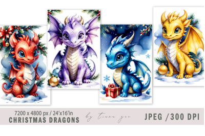 Christmas watercolor dragon illustration for prints- 4 Jpeg