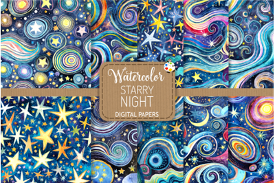 Starry Night Set 2 - Watercolor Swirly Sky Background