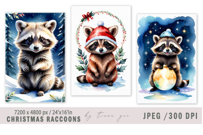 Christmas watercolor raccoon illustration for prints- 3 Jpeg