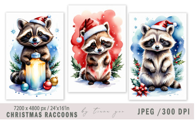 Christmas watercolor raccoon illustration for prints- 3 Jpeg