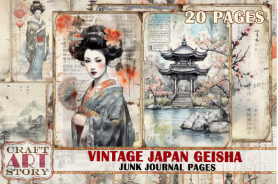 Vintage Japan Geisha Junk Journal picture collage,Digital