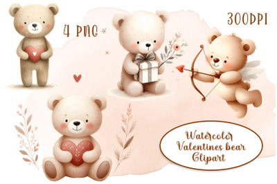 Watercolor cute baby bear clipart, valentines boho Animals
