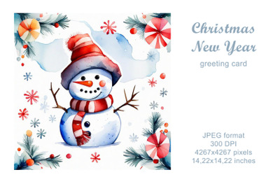 Snowman watercolor greeting card, illustration. Merry Christmas!