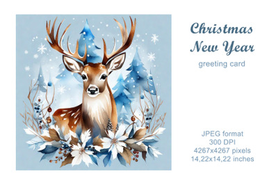 Christmas deer watercolor greeting card (illustration). Winter card.